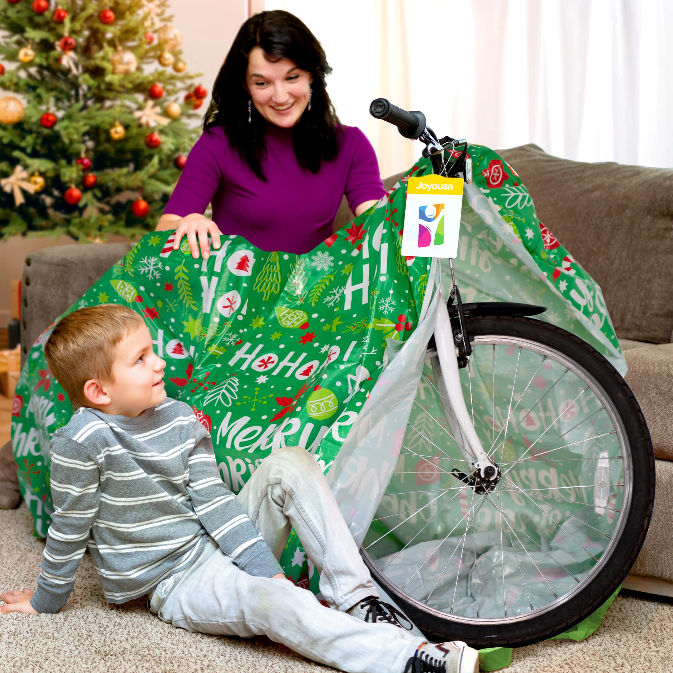 Bike Gift Bag 2 Pack - Giant Christmas Gift Bags for Huge Gifts - 72”x60” Bicycle Oversized Jumbo Extra Large Xmas Present Gift Bags Plastic Wrapping Sack - Heavy Duty Pack with Tags & String Ties