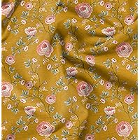 Soimoi Polyester Crepe Gold Fabric - by The Yard - 42 Inch Wide - Flower & Leaf Floral Material - Delicate and Romantic Patterns for Various Projects Printed Fabric