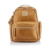 Itzy Ritzy Chelsea + Cole Mini Diaper Bag Backpack - Studded Mini Backpack with Changing Pad, 8 Pockets, Rubber Feet & Tassel - Caramel with Sweetheart Print Interior and Gold Hardware
