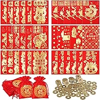 Elcoho 204 Pieces Chinese Red New Year Envelope Dragon Year Lucky Money Envelopes Chinese Fortune Coins Silk Red New Year's Blessing Bags for New Year Spring Festival