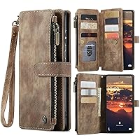XYX Wallet Case for Samsung A35 5G, Handmade Vintage PU Leather 10 Card Slots Zipper Pocket Phone Cover with Wrist Strap for Galaxy A35 5G, Brown