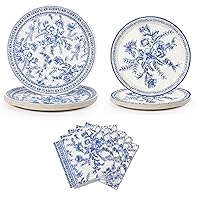 Coterie Blue Floral Paper Party Plates and Napkins Set for 20 people - 65 pc Floral Party Kit for Bridal/Baby Shower, Tea Party and More - Disposable Floral Party Supplies | Includes 20 large plates,