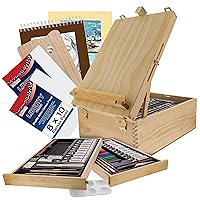 U.S. Art Supply 95 Piece Wood Box Easel Painting Set - Oil, Acrylic, Watercolor Paint Colors and Painting Brushes, Oil Artist Pastels, Pencils - Watercolor, Sketch Paper Pads - Canvas, Palette, Knifes