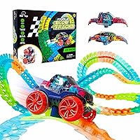 Zero-G Glow Race Track for Kids- 105pcs Glow in the Dark Flexible Race Car Track Set with Suction Cups, Slot Car, 2 Graffiti Toy Cars Shells, STEM Toy LED Car Tracks for Boys and Girls Age 3+