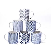 MACHUMA Set of 6 11.5 oz Coffee Mugs with Blue and White Geometric Patterns, Ceramic Tea Cup Set