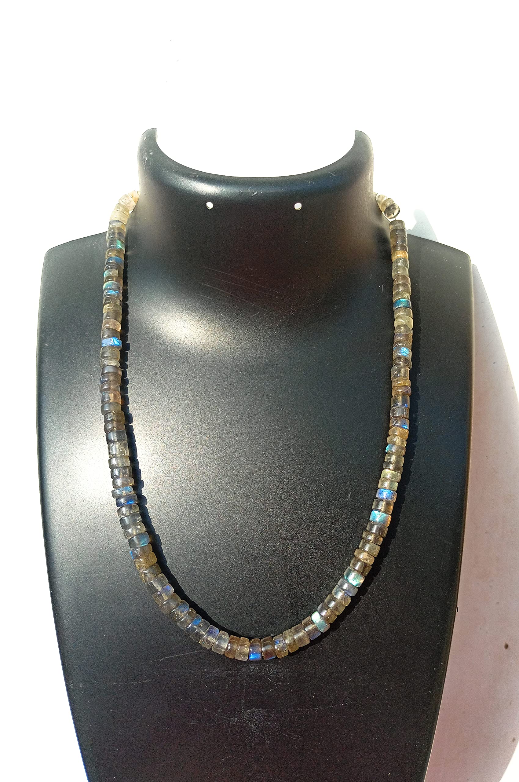 Natural Labradorite Necklace 18 Inch With Sterling Silver, Heishi Tyre Beads, Smooth Cut, Labradorite Necklace, Silver Jewelry, Grey