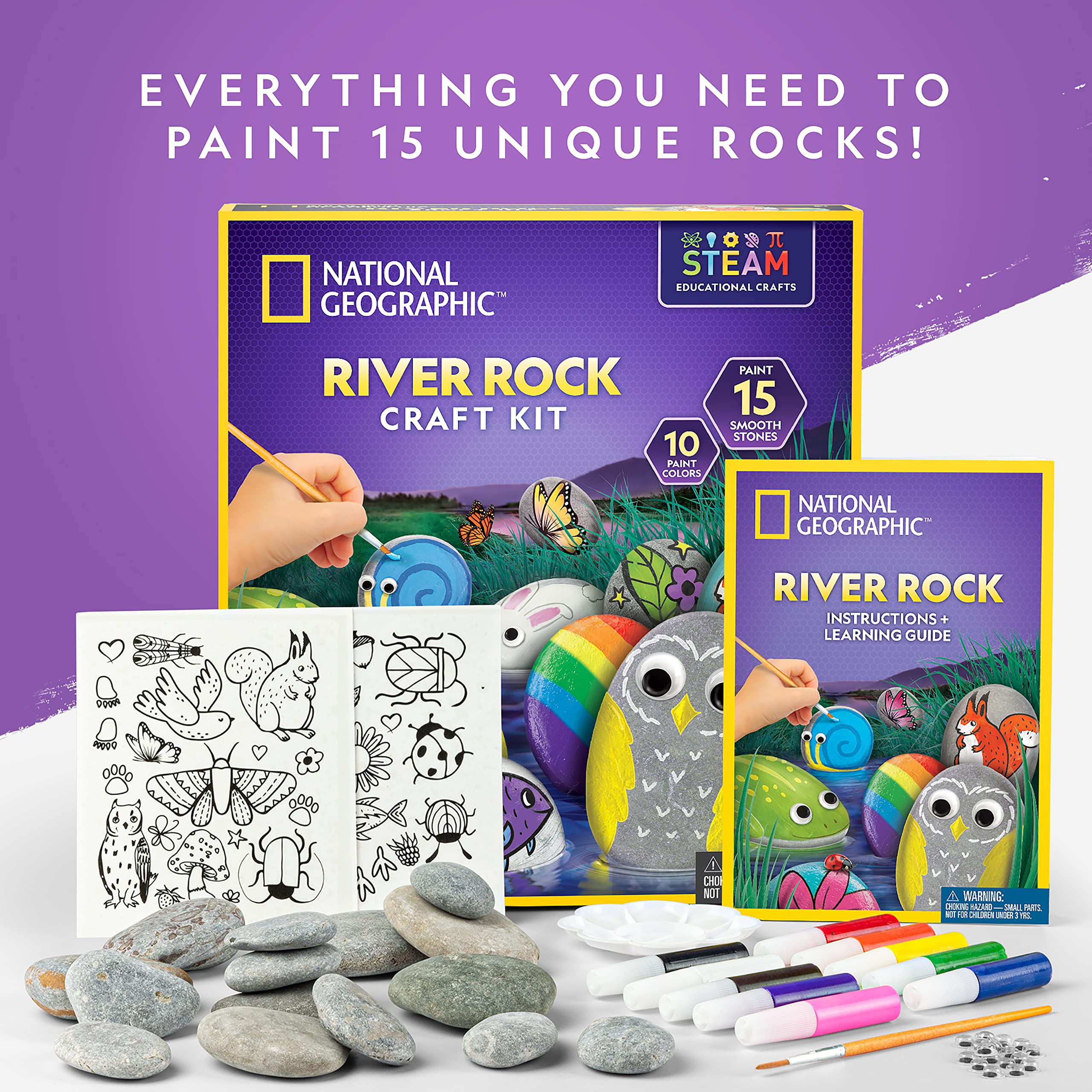 NATIONAL GEOGRAPHIC Rock Painting Kit - Arts & Crafts Kit for Kids, Paint & Decorate 15 River Rocks with 10 Paint Colors & More Art Supplies, Kids Craft, Outdoor Toys, Activity Kit