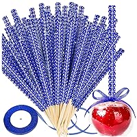 Bling Sticks for Candy Apples, 26Pcs Caramel Apple Wooden Pointed Skewers with 26Pcs Glass Bag and 22Yd Glitter Ribbons Tie, Fruit Cake Pop Chocolate Blue Crystal Bamboo Sticks for Party Favor
