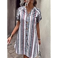 Dresses for Women Striped Print Roll Tab Sleeve Button Front Curved Hem Dress (Color : Multicolor, Size : Small)
