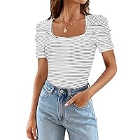 MEROKEETY Women's Summer Short Puff Sleeve Tops Stripe Square Neck Fitted Casual Tee Shirts Blouse
