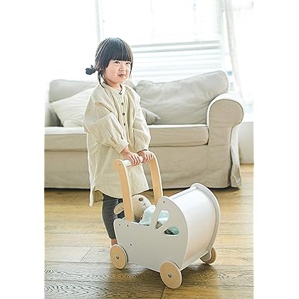 LINE Baby Doll Wooden Pram In White, Toddler Walking Toy