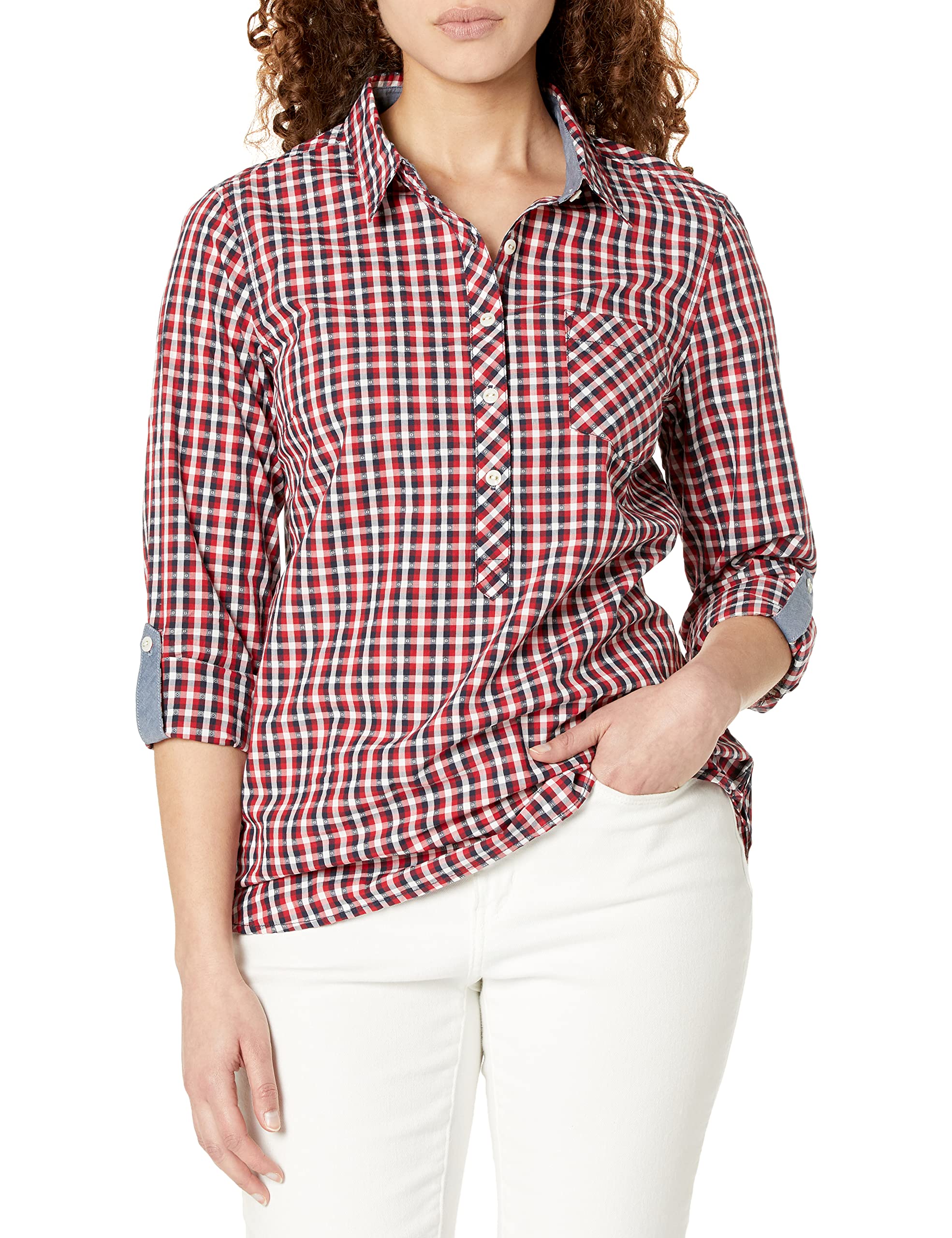 Tommy Hilfiger Women's Blouse Casual Check Roll Tab Long Sleeve