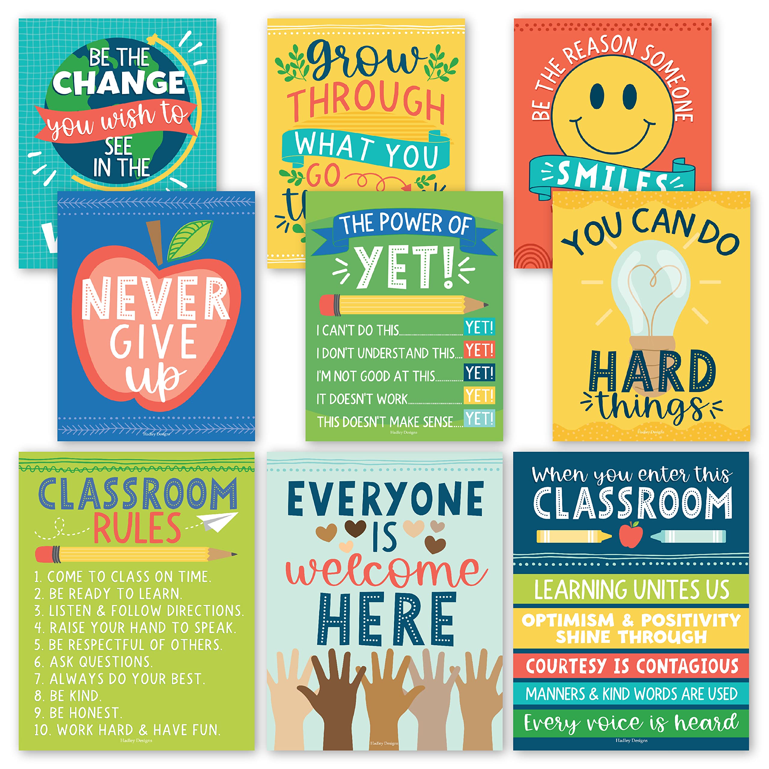 9 Colorful Classroom Decor Signs - Welcome Sign For Classroom Motivational Posters For Classroom Bulletin Board Decorations, Growth Mindset Classroom Posters Elementary, Middle School, Classroom Rules