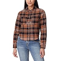 WallFlower Women's Bowery Brushed Cropped Cozy Flannel Boyfriend Trendy Spring, Summer, and Fall Light Button Down Shirt