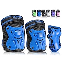 2PM SPORTS Knee Pads for Kids, Wrist Guards Knee and Elbow Pads Set with Drawstring Bag, Protective Gear Set for Girls Boys Roller Skating Cycling Skateboard - Blue Small