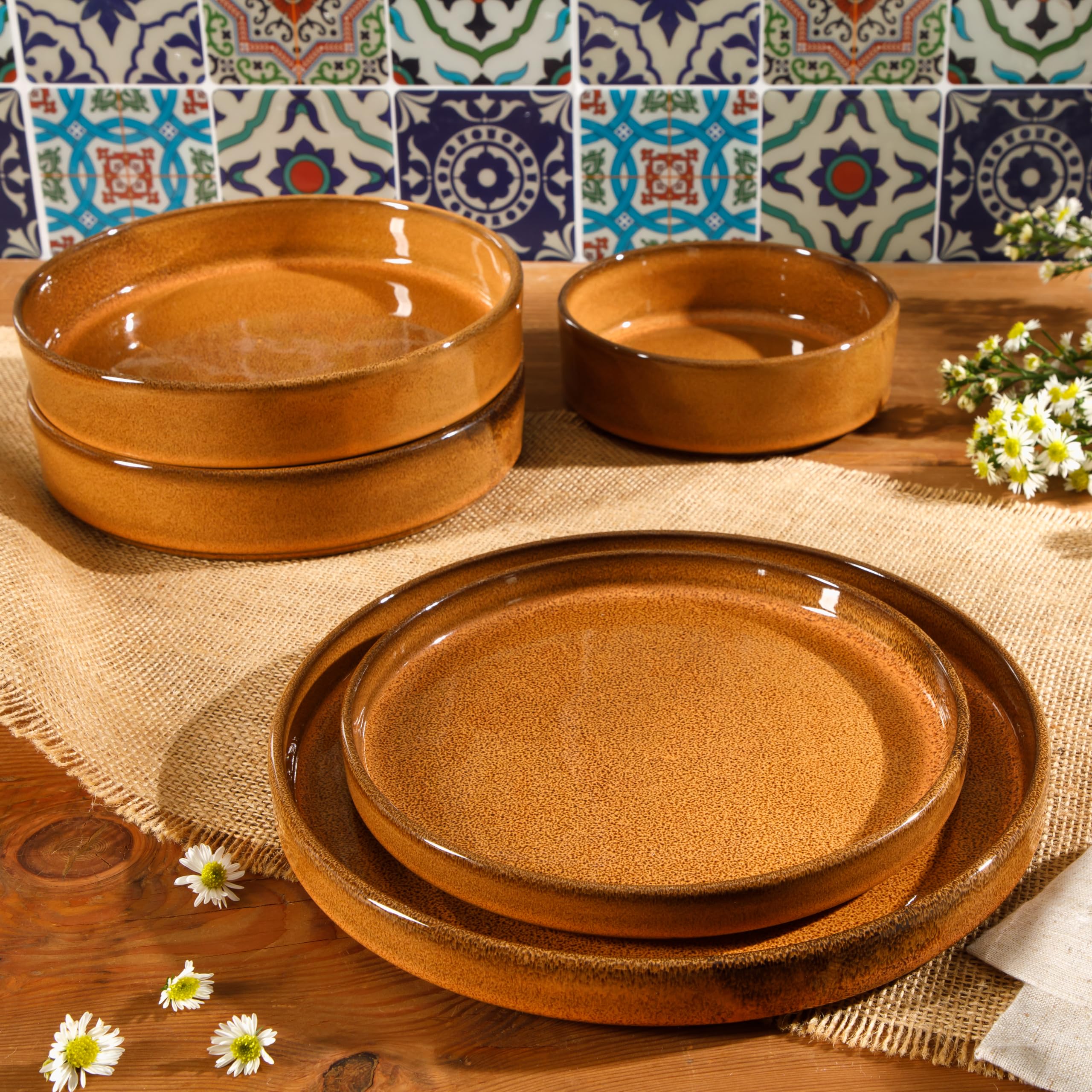 Bloomhouse - Oprah's Favorite Things - Santorini Mist Double Bowl Terracotta Reactive Glaze Plates and Bowls Dinnerware Set - Amber, Service for Four (16pcs)