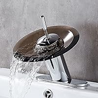 Waterfall Bathroom Faucet Solid Brass Glass Single Handle Single Hole Basin Vanity Sink Bath Faucet, Short, Brown+Chrome