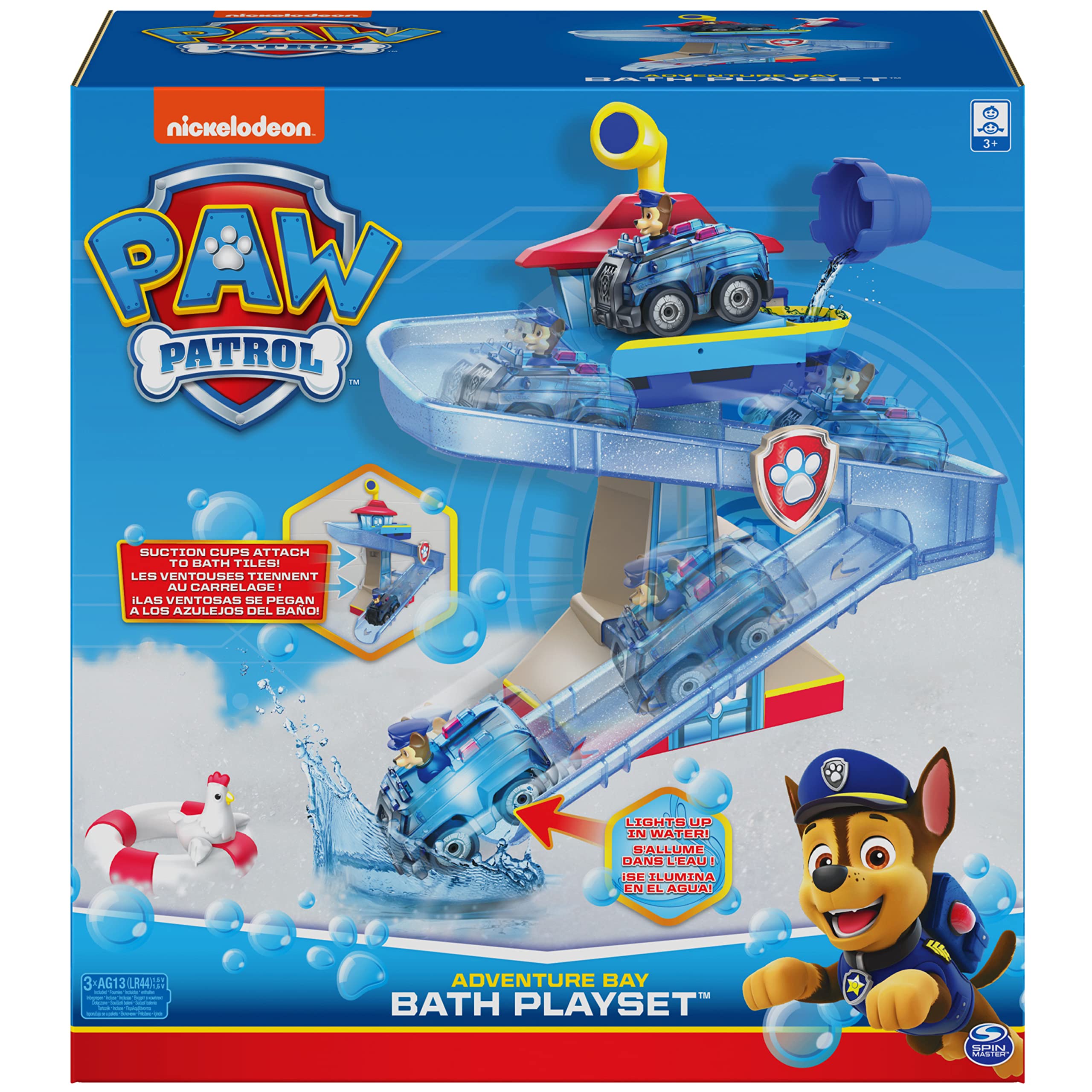 Paw Patrol, Adventure Bay Bath Playset with Light-up Chase Vehicle, Bath Toy for Kids Aged 3 and up
