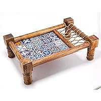 Handmade Decorative Wooden Asian Cot Tray for Snacks & Drinks - Traditional Indian Cot Decor Accent - Jute Thread Weaving – Multifunctional Tray - 16