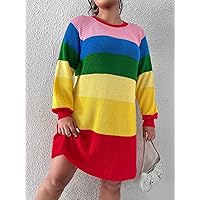 2022 Winter Women's Plus Size Sweater Dress Fashio Plus Color Block Raglan Sleeve Sweater Dress Work Casual Fashion Comfortable Warm (Color : Multicolor, Size : X-Large)