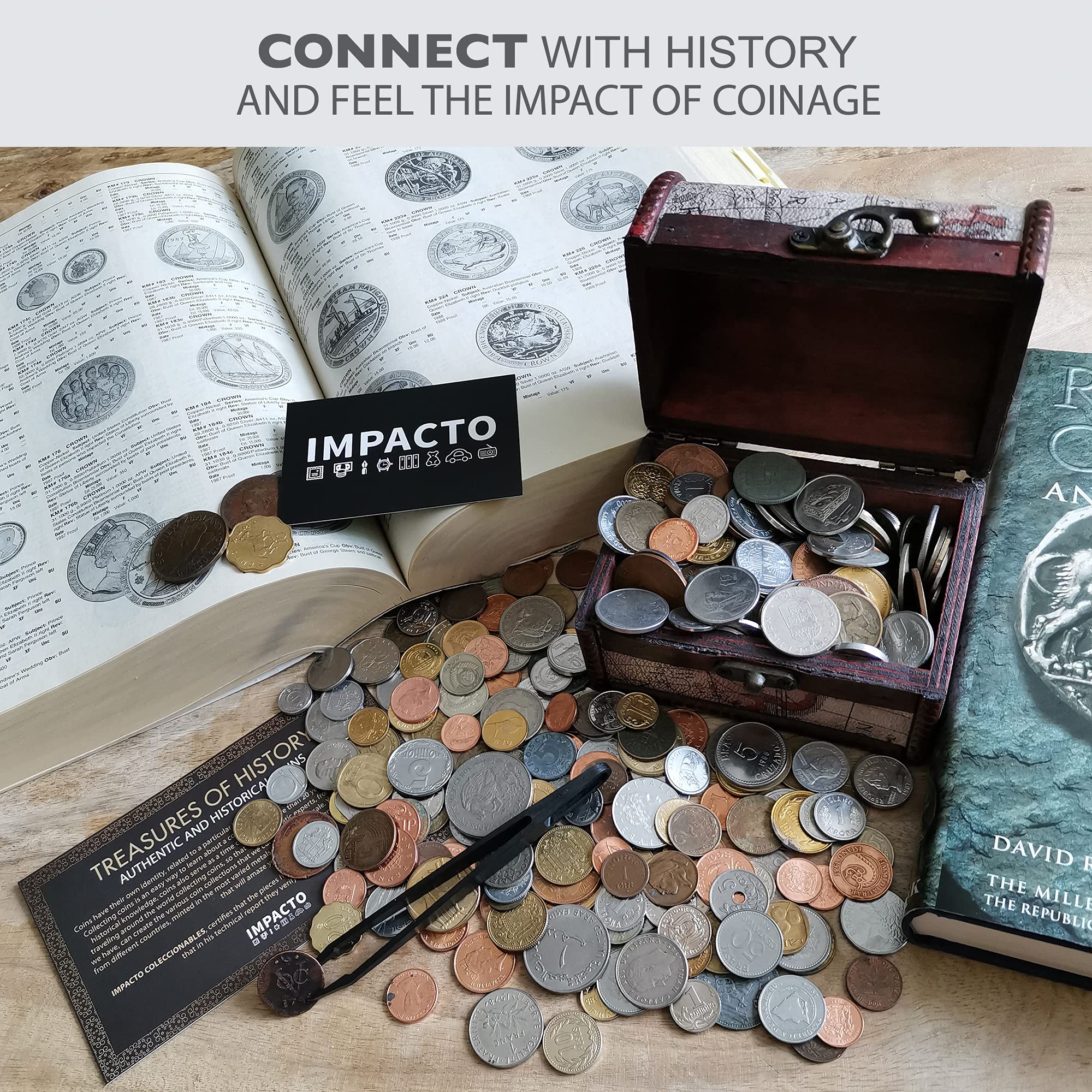 IMPACTO COLECCIONABLES Coin Collection - World Currency Treasure Chest with 2Lb. - Collectible Circulated Coins - 4.7 x 3.5 x 3.5 Decorative Wooden Box - Antique Coins for Collectors (COA Included)