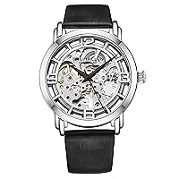 Stuhrling Original Watches for Women Automatic Watch - Skeleton Watch for Women - Self Wind Womens Dress Watches with Silver Face and Black Leather Watch Strap Mechanical Wrist Watch for Woman