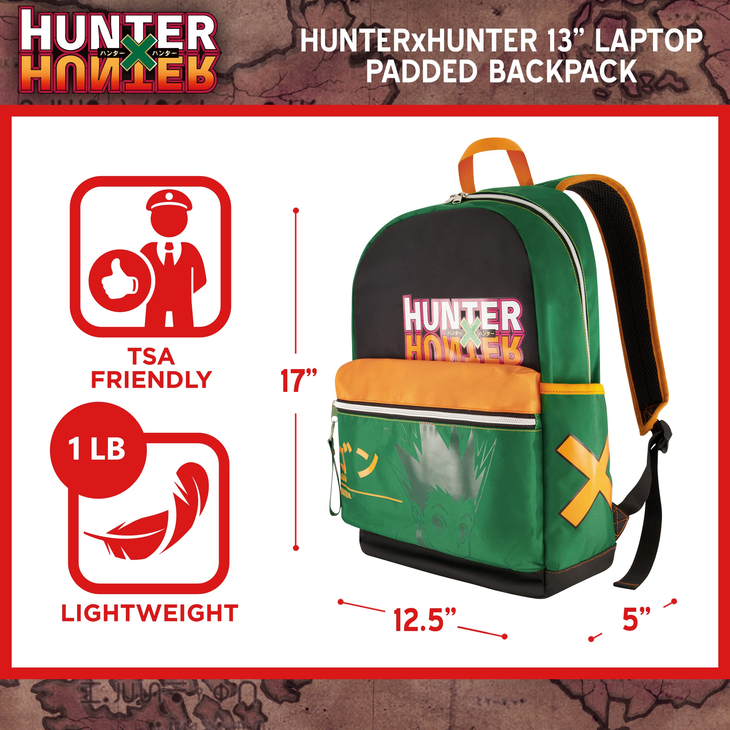 Concept One Hunter x Hunter 13 Inch Sleeve Laptop Backpack, Padded Computer Bag for Commute or Travel, Green
