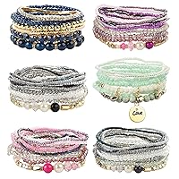 FIBO STEEL 6 Sets Bohemian Stackable Bead Bracelets for Women Stretch Multilayered Bracelet Set Multicolor Boho Jewelry