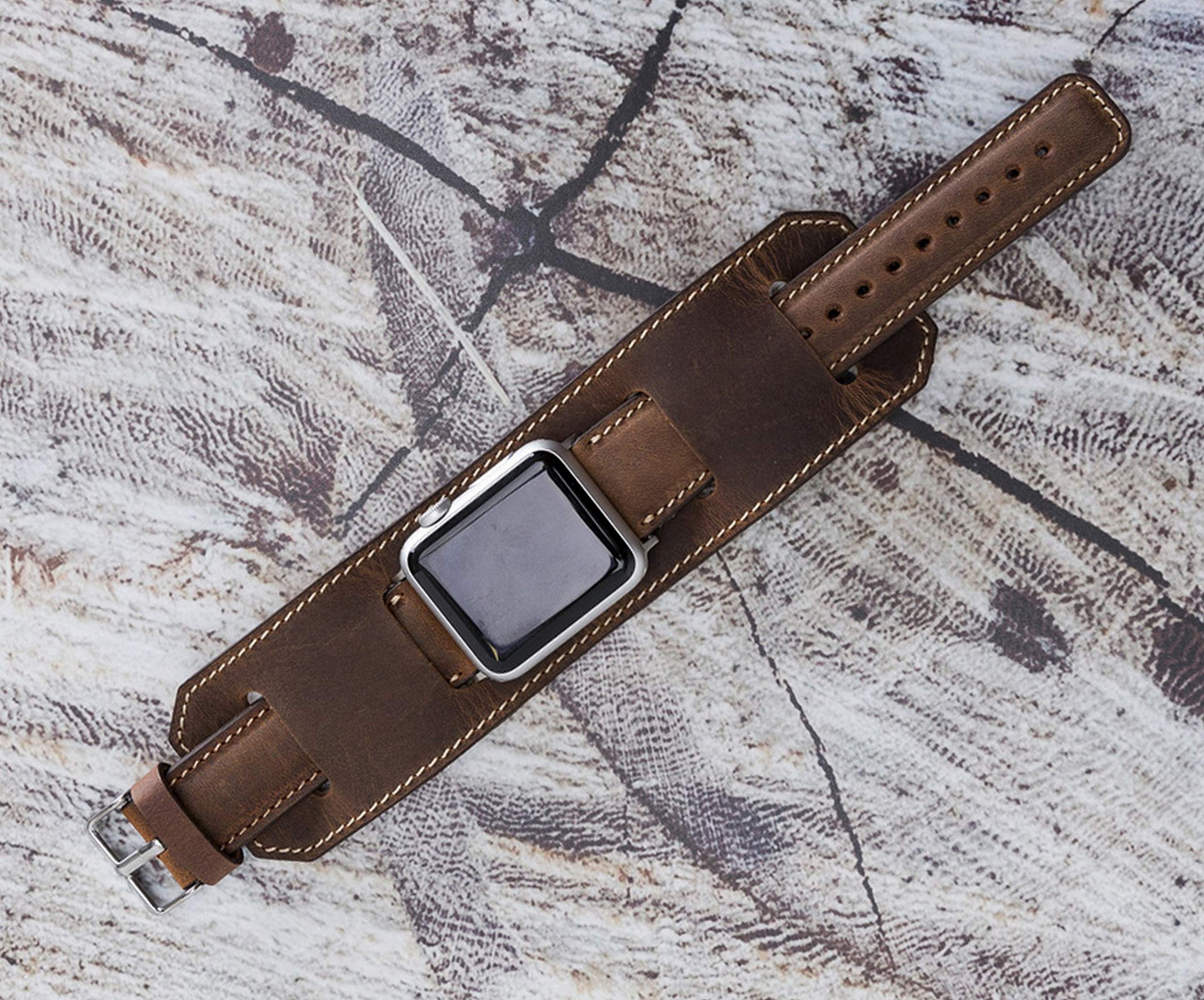 VENOULT Brown iWatch Series 8 Compatible Apple Classic Watch Cuff Bands for Man or Women 45mm, 44mm, 41mm, 40mm, Series 8-1 Dark Brown Genuine Leather Bull Strap, HANDMADE