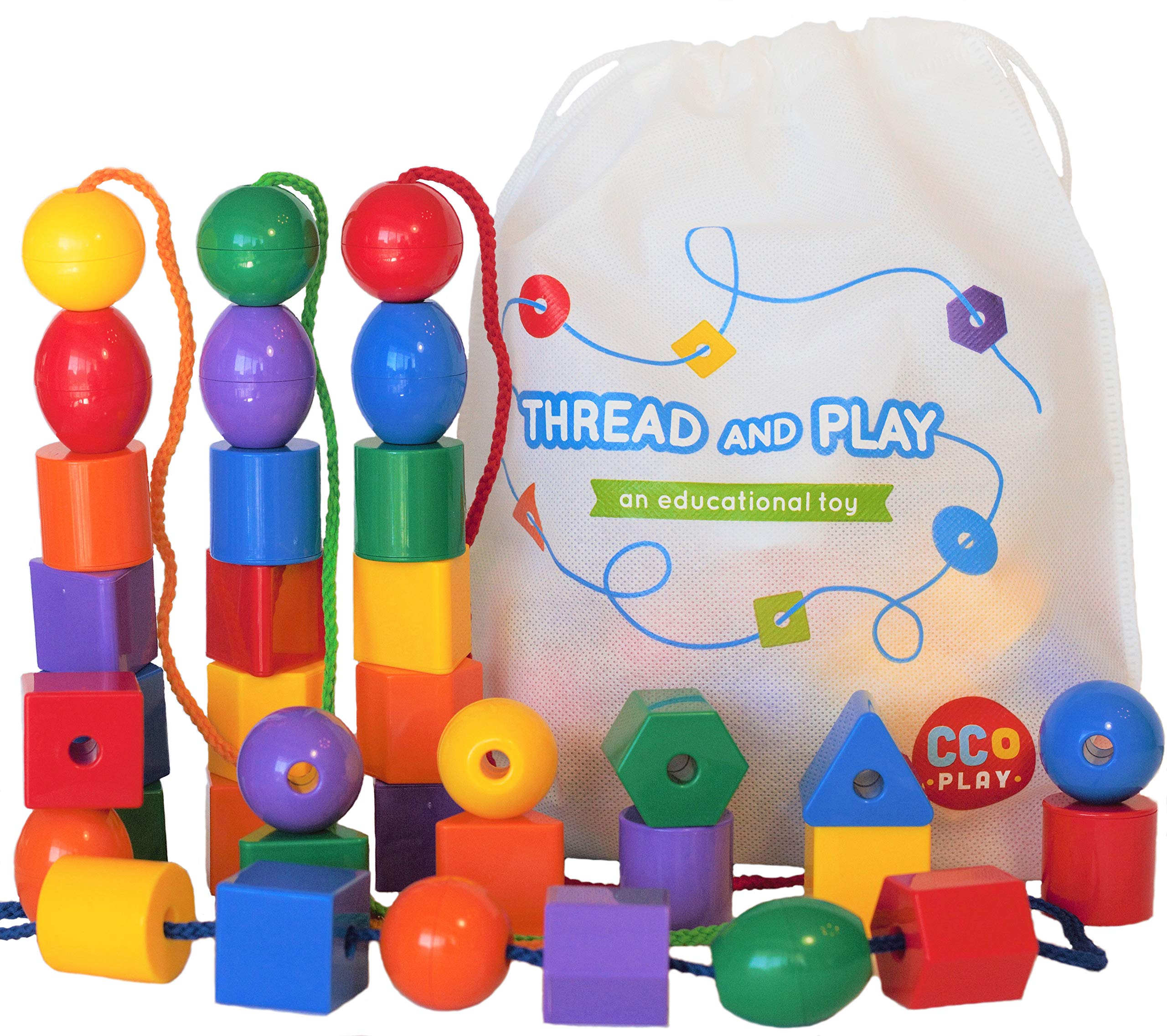 CC O Play Large Lacing Bead Set for Kids - 36 Jumbo Beads & 4 Threads for Toddlers - Montessori Educational Stringing Toy for Preschool Children - Bonus Bag & Ebook with Primary Resources