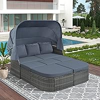 NicBex Outdoor Patio Retractable Daybed with Canopy,Outdoor Wicker Rattan Furniture Sets with Lift Coffee Table,Outdoor Sectional Cushioned Sofa Bed Conversation Set for Yard,Pool or Backyard,Gray