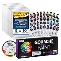 U.S. Art Supply Bundle Professional 36 Color Set of Gouache Paint in Large 18ml Tubes & 8 x 10 inch Stretched Canvas Super Value 10-Pack - Professional White Blank 3/4
