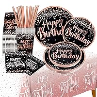 happy birthday decorations plates for women - (Total 121pcs) rose gold plates and napkins party supplies, Cups, Straws, tablecloth, Disposable Tableware for 24 Guests