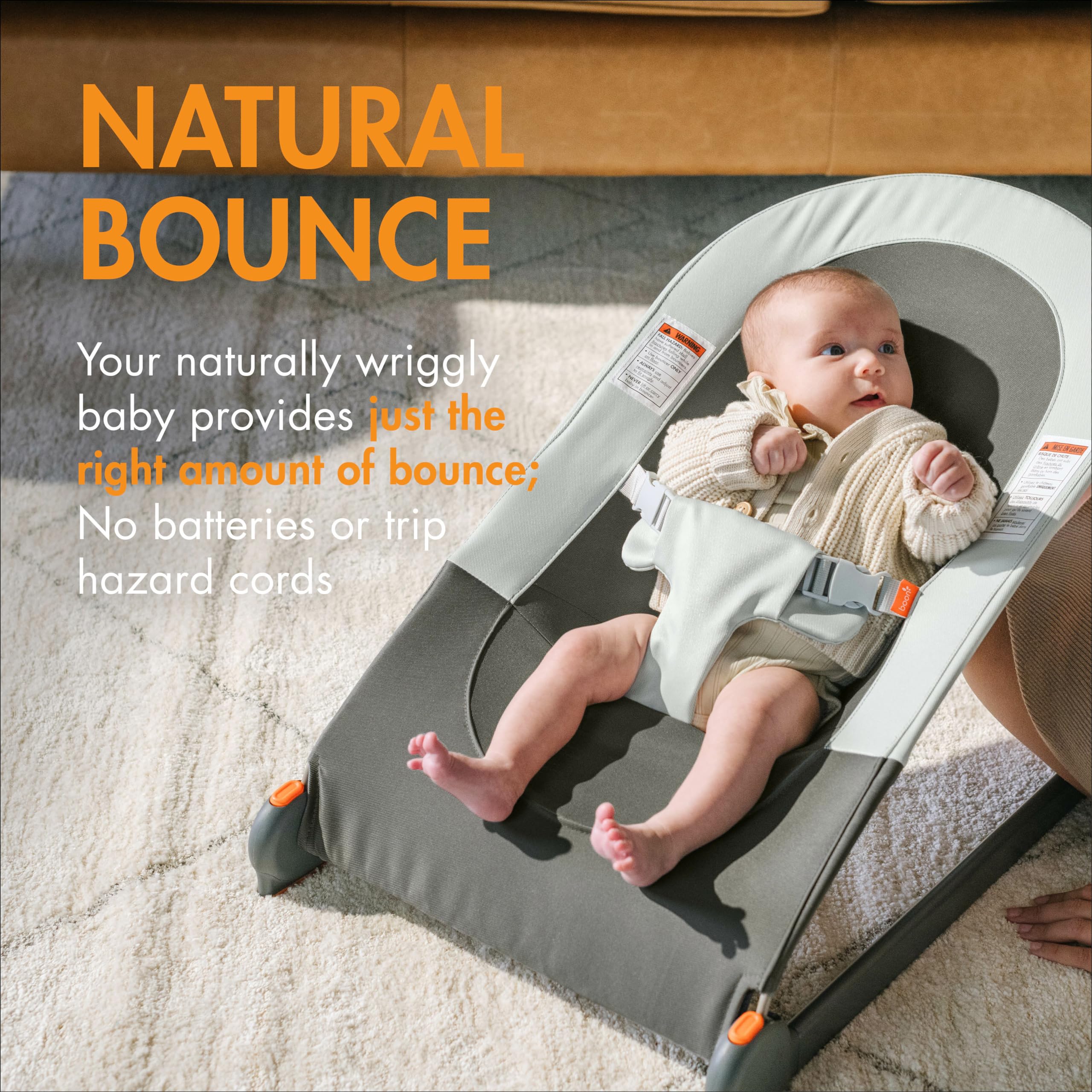 Boon Slant Portable Baby Bouncer - Folding Baby Seat for Infants - Lightweight Portable Baby Chair with Machine Washable Fabric and 3-Point Harness - Gray