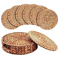 Woven Placemats Set of 6 - Natural Water Hyacinth Placemats with Wicker Placemats Holder - Heat Resistant Round Placemats for Dining Table & Non-Slip Rattan Placemats for Indoor & Outdoor, 12
