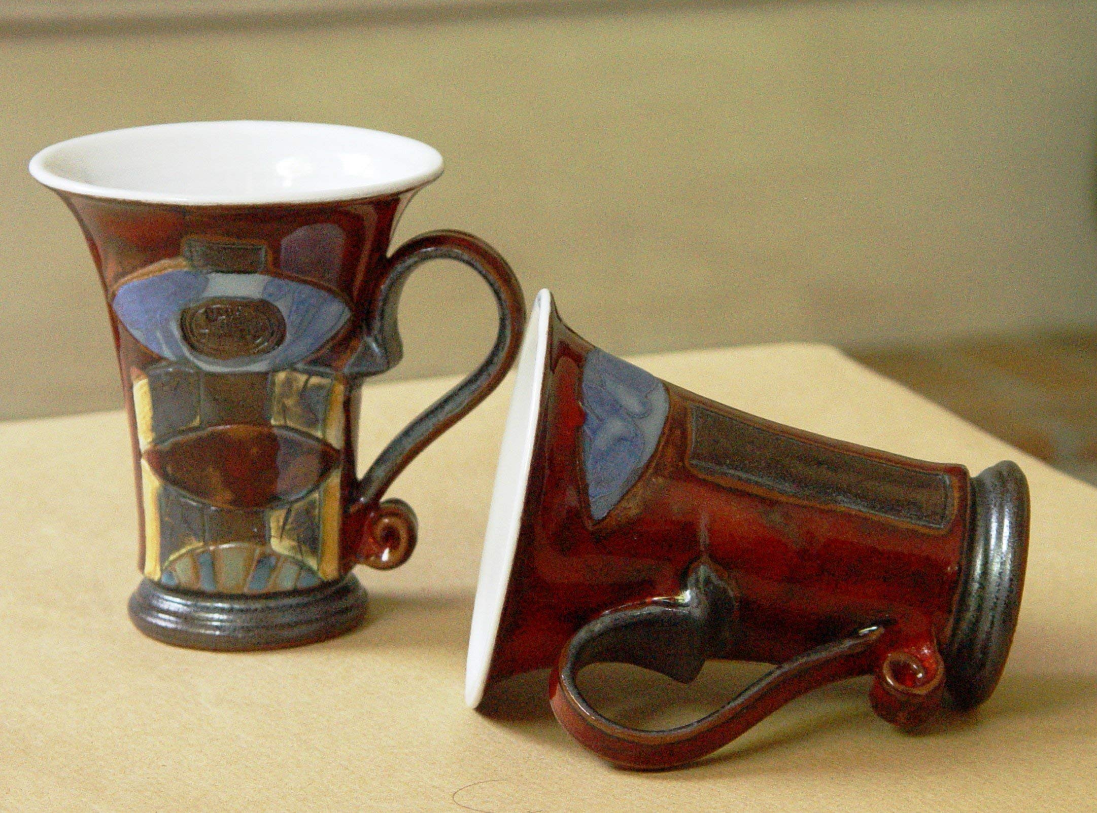 Pottery Set of Two Mugs, Wheel Thrown Red Ceramic Mugs with Unique Hand Painted Decoration