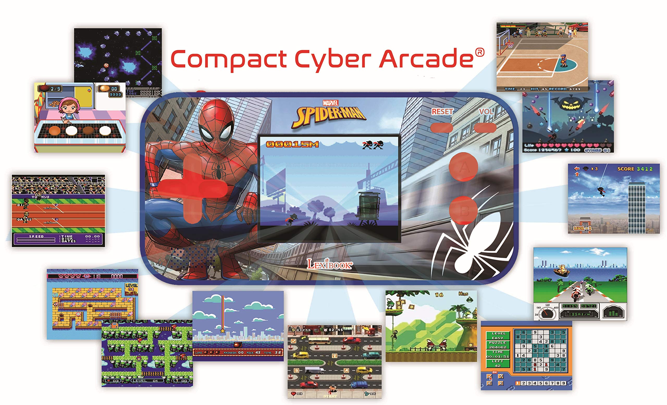 LEXiBOOK Marvel Spider-Man Peter Parker, Compact Cyber Arcade®, Portable Gaming Console, 150 Games, LCD Colour Screen, Battery Operated, Blue, JL2367SP