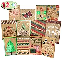 JOYIN 12 Christmas Foil Kraft Gift Boxes with 3 Sizes (Robe, Shirt and Lingerie Boxes) for Xmas Goody Gift Boxes, School Classrooms Party Favors Decoration, Holiday Present Wrap Décor