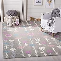 SAFAVIEH Kids Collection Area Rug - 8' x 10', Grey & Pink, Handmade Floral Wool, Ideal for High Traffic Areas in Living Room, Bedroom (SFK918C)