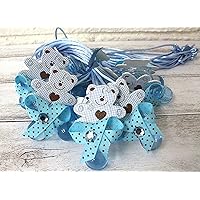 12 Wood Teddy Bear Design Blue Pink Boy Girl Acrylic Pacifier Ribbon Necklaces Baby Shower Game Favors Prize Decorations (Blue)