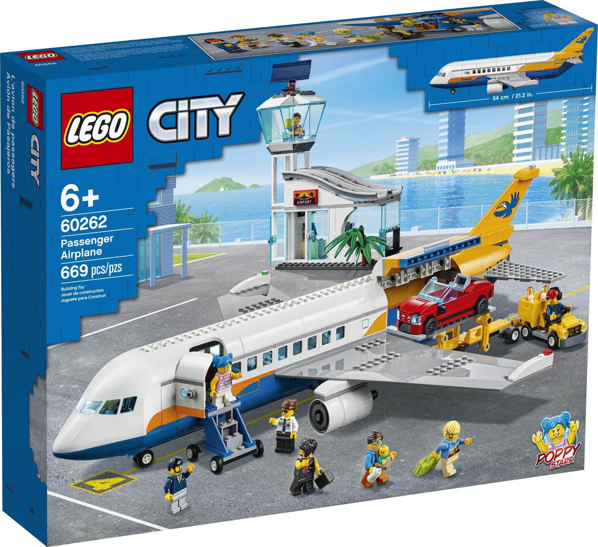 LEGO City Passenger Airplane 60262, with Radar Tower, Airport Truck with a Car Elevator, Red Convertible, 4 Passenger and 4 Airport Staff Minifigures, Plus a Baby Figure (669 Pieces)