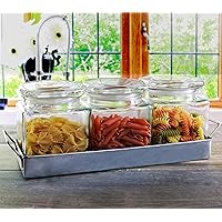 Country Glass Canister Jars, 3-Piece Set with Lids and Metal Caddy, Farmhouse Decor Home Kitchen Utensils Food Preserving Containers, Coffee, Sugar, Tea, Spices, Cereal, 27 oz, Clear