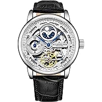 Stührling Original Mens Skeleton Watch Analog Watch Dial Mens Automatic Watch - Dual Time, AM/PM Sun Moon, Genuine Leather Band, Legacy Mens Watches Collection
