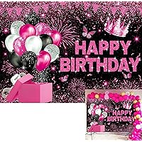 BINQOO 7x5ft Pink Girl Happy Birthday Backdrop Glitter Balloon Gift Sign Pink Spot Birthday Anniversary Background Women Princess Baby Birthday Party Supplies