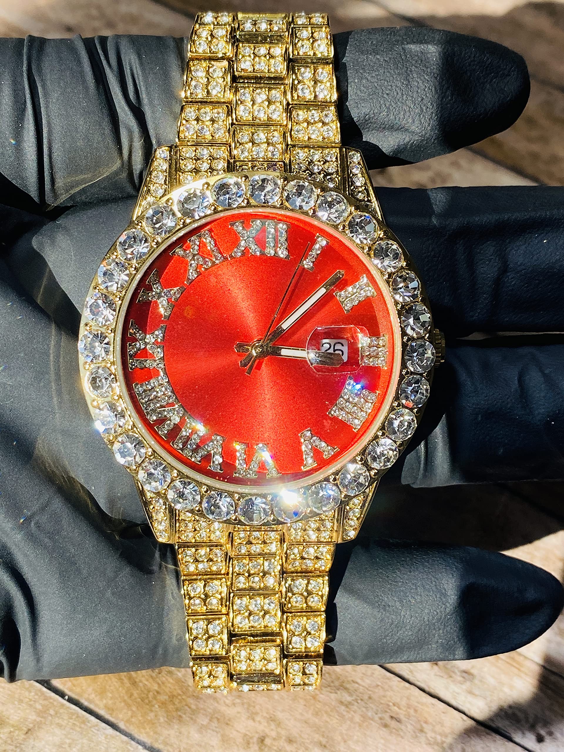 Men's Round Gold Red Dial Wrist Watch Band Luxury CZ Diamond Iced Bracelet Watch Roman Numeric Dial Watch For Men Women Hip Hop Rapper Choice, Jewelry Watch, Iced Watch Custom Fit, Bust Down Watch
