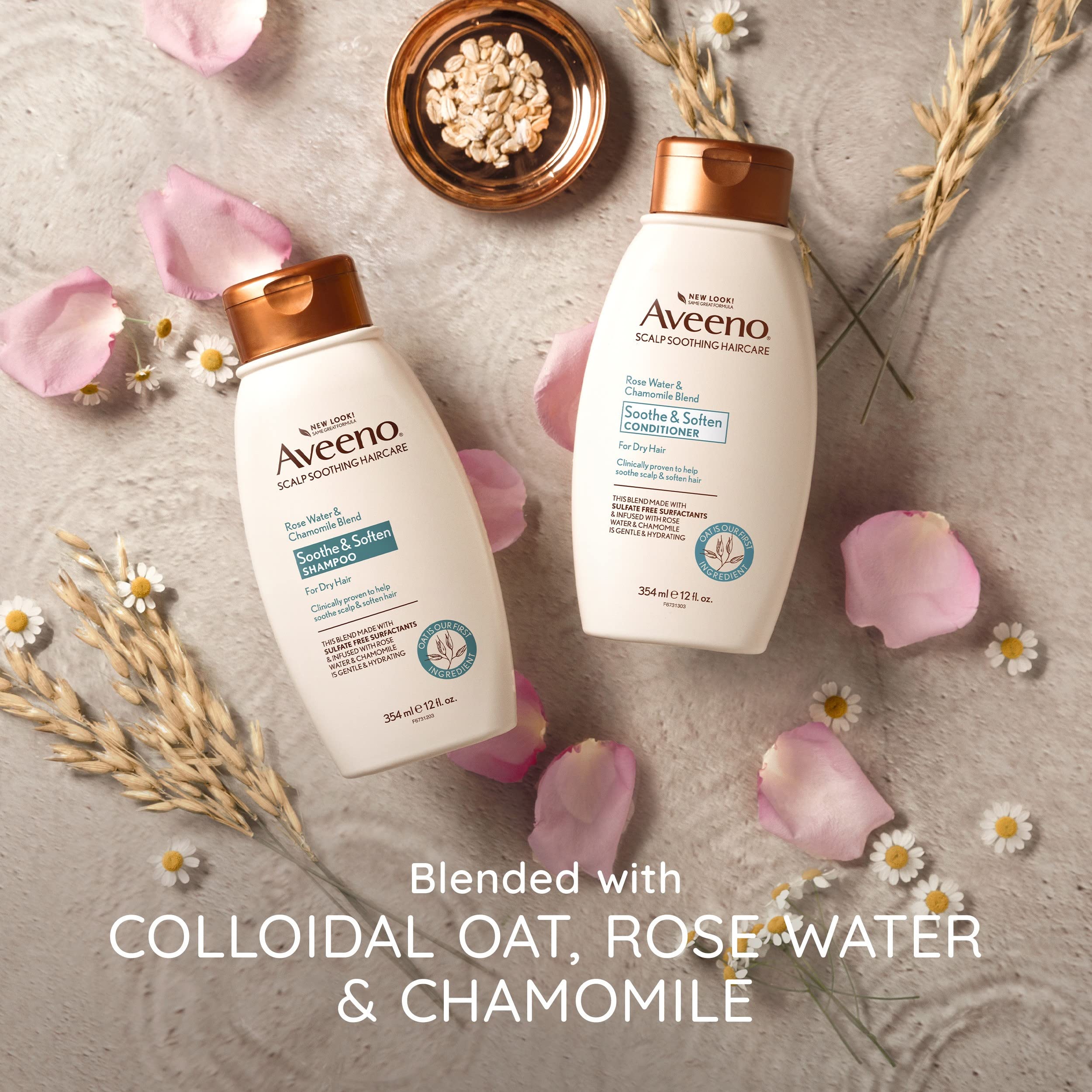 Aveeno Rose Water & Chamomile Blend Sulfate-Free Conditioner with Colloidal Oat for Dry Sensitive Scalp, Gentle Cleansing Conditioner for Fine, Fragile Hair, Paraben & Dye-Free, 12 Fl Oz