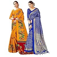 Elina fashion Pack of Two Sarees for Women Mysore Art Silk Printed Indian Wedding Saree || Diwali Gift Combo