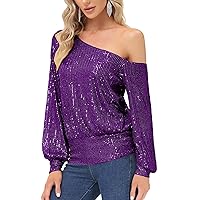 KANCY KOLE Sequin One Shoulder Sparkly Long Sleeve Tops for Holiday Evening Party Club Night