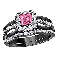 2.00 CT Princess Cut Created Pink Sapphire 14k Black Gold Rhodium Plated Alloy Split Shank Halo Style Wedding Band Engagement Bridal Ring Set Size 4-12