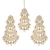 I Jewels 18k Gold Plated 3 Layered Indian Wedding Bollywood Pearl Kundan Chandbali Earrings with Maang Tikka for Women (TE2859)